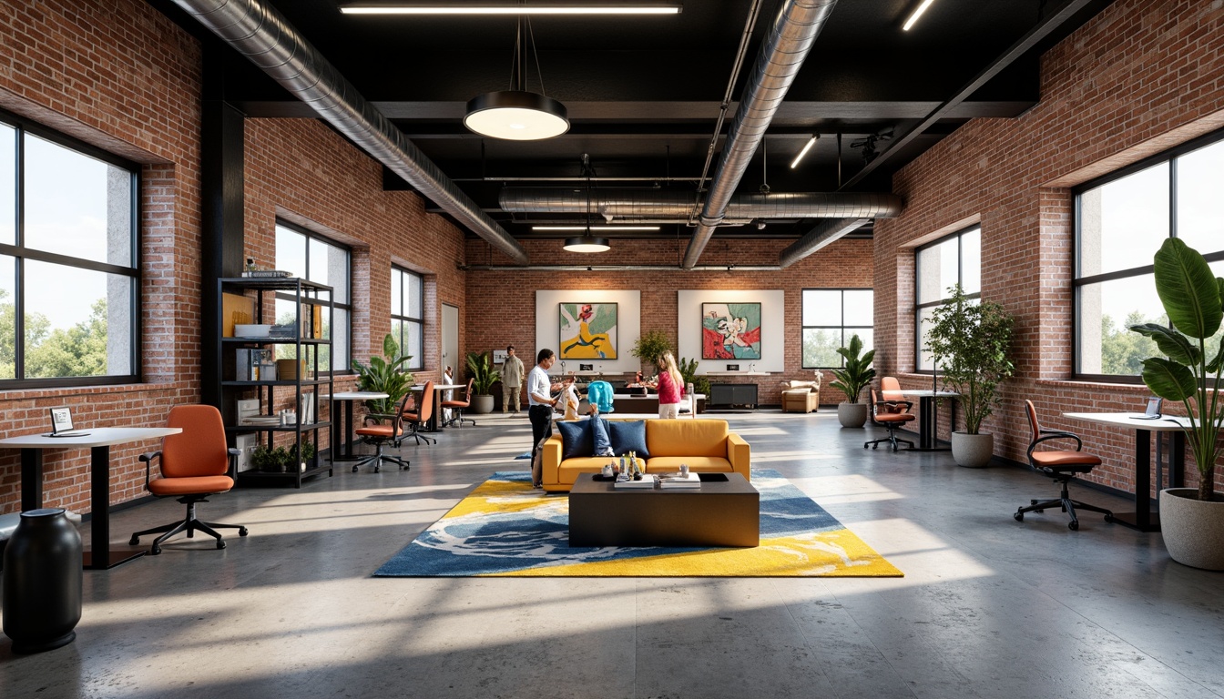 Prompt: Industrial chic office space, exposed brick walls, polished concrete floors, minimalist metal furniture, geometric shapes, bold color accents, abstract artwork, futuristic lighting fixtures, open floor plan, collaborative workstations, modular desks, ergonomic chairs, urban loft atmosphere, natural light pouring in, high ceilings, industrial-style pipes, functional shelving units, avant-garde decor, dynamic spatial layout, 1/1 composition, dramatic shadows, high-contrast lighting.