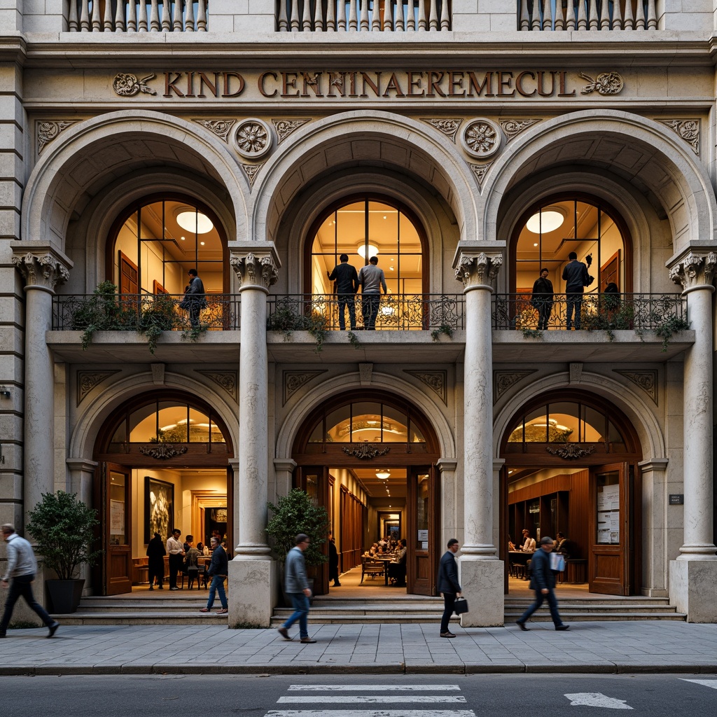 Prompt: Ornate bank facade, Romanesque arches, rusticated stone walls, grand entrance, heavy wooden doors, intricate carvings, ornamental columns, vaulted ceilings, stained glass windows, warm golden lighting, shallow depth of field, 1/2 composition, symmetrical view, realistic textures, ambient occlusion, detailed stonework, classic architectural elements, luxurious atmosphere, busy urban street scene, morning sunlight, soft shadows.