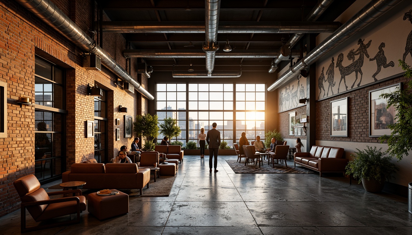 Prompt: Exposed brick walls, industrial metal beams, reclaimed wood accents, vintage factory windows, ornate Art Deco patterns, geometric metallic details, distressed concrete floors, urban cityscape views, moody atmospheric lighting, warm golden hour tones, shallow depth of field, 1/2 composition, cinematic framing, realistic textures, ambient occlusion, community gathering spaces, eclectic furniture arrangements, vibrant street art murals, edgy graffiti accents.