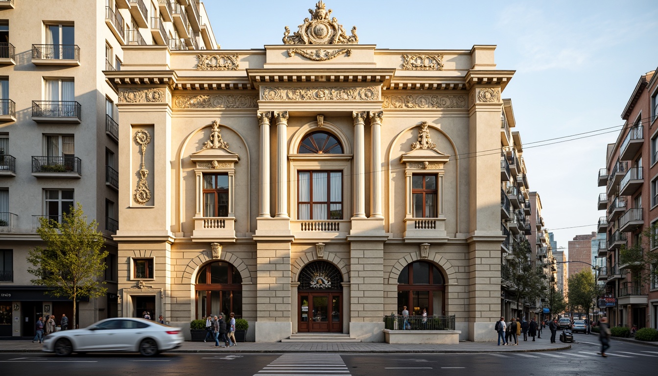 Prompt: Grandiose neoclassical building, ornate facade details, Corinthian columns, symmetrical composition, elegant arches, intricate carvings, ornamental moldings, luxurious marble materials, subtle cream colors, soft golden lighting, shallow depth of field, 1/1 composition, realistic textures, ambient occlusion, urban cityscape, busy streets, historic landmarks, vibrant cultural atmosphere.