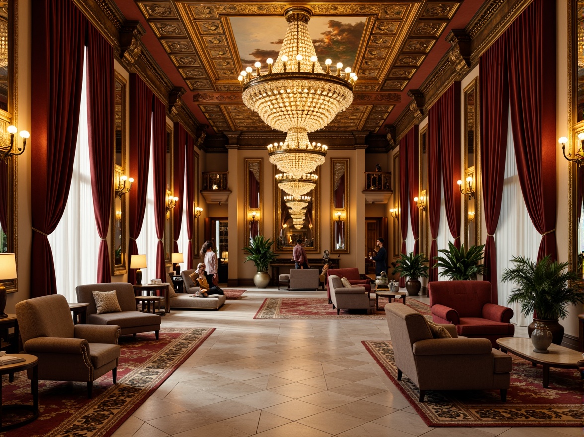 Prompt: Luxurious hotel lobby, grand chandelier, ornate furnishings, rich velvet drapes, intricately carved wooden panels, gilded mirrors, marble floors, ornamental columns, lavish frescoes, Baroque-inspired architecture, opulent textiles, regal color palette, warm golden lighting, shallow depth of field, 1/1 composition, realistic textures, ambient occlusion.