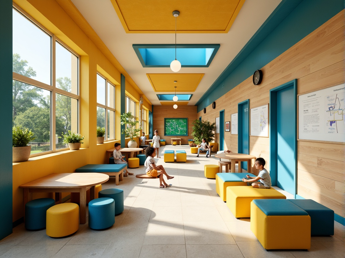 Prompt: Vibrant elementary school, playful color scheme, warm beige walls, bright blue accents, energetic yellow furniture, stimulating greenery, interactive whiteboards, collaborative learning spaces, natural light pouring in, softbox lighting, shallow depth of field, 3/4 composition, panoramic view, realistic textures, ambient occlusion.