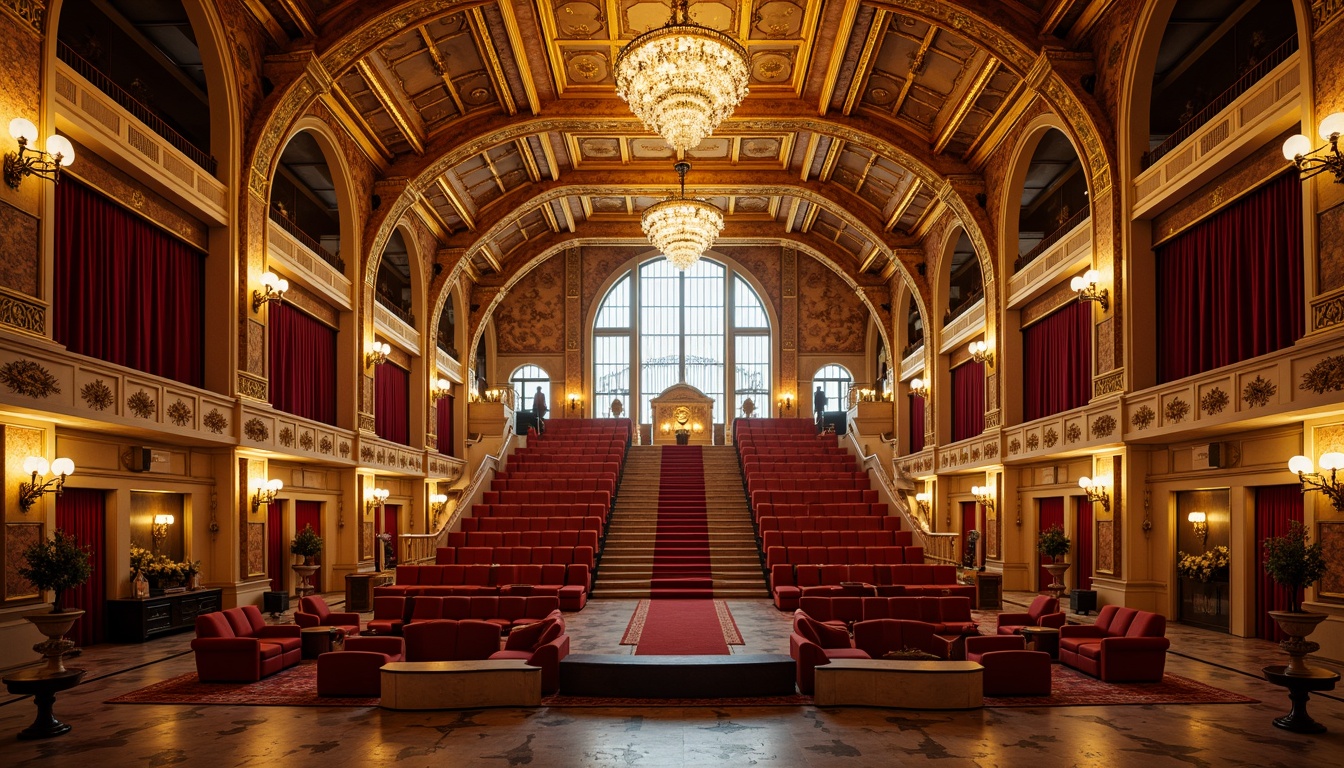 Prompt: Grandiose auditorium, ornate golden details, intricate carvings, lavish chandeliers, red velvet curtains, opulent furnishings, Baroque-style architecture, sweeping arches, grand staircases, marble floors, ornamental columns, gilded moldings, dramatic lighting, warm color palette, rich textures, shallow depth of field, 1/1 composition, symmetrical framing, realistic reflections, ambient occlusion.