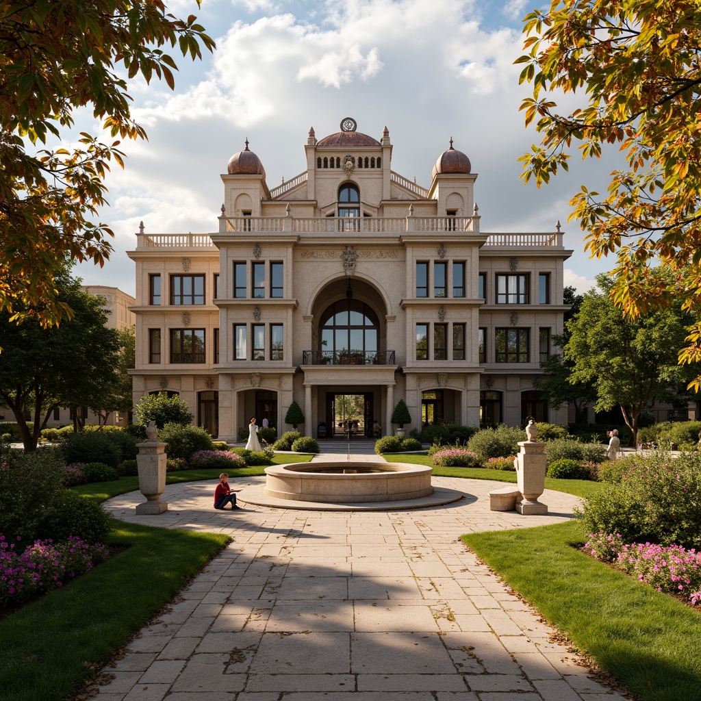 Prompt: Elegant Renaissance-style hotel facade, ornate stone carvings, grand entranceways, symmetrical gardens, manicured lawns, topiary trees, blooming flowerbeds, meandering walkways, tranquil fountains, classical statues, rustic benches, natural stone paving, warm golden lighting, soft focus, 1/2 composition, intimate atmosphere, realistic textures, ambient occlusion.