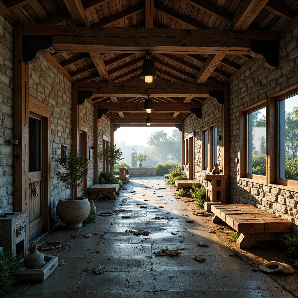 Prompt: Rustic boathouse, brutalist architecture, weathered wood accents, industrial metal beams, rough-hewn stone walls, nautical ropes, distressed wooden planks, faded naval blue, earthy brown, mossy green, rusty orange, warm golden lighting, misty morning atmosphere, shallow depth of field, 1/1 composition, realistic textures, ambient occlusion.