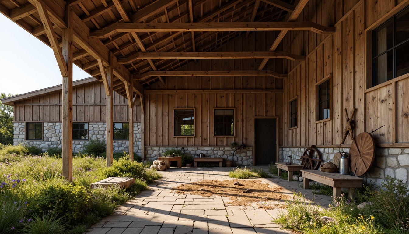 Prompt: Rustic barn, wooden beams, vintage farm tools, hayloft, natural stone walls, earthy color palette, curved rooflines, asymmetrical architecture, distressed wood textures, wildflower meadow, sunny afternoon, soft warm lighting, shallow depth of field, 1/1 composition, intimate close-up shots, realistic weathering effects, ambient occlusion.