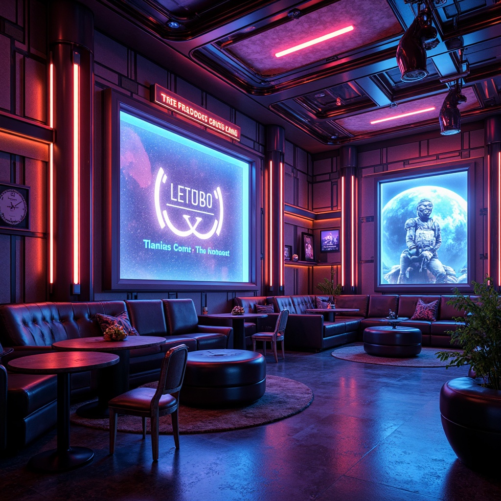 Prompt: Neon-lit bar interior, futuristic architecture, metallic accents, holographic displays, cyberpunk vibes, iridescent fabrics, shimmering curtains, LED-infused textiles, glowing neon signs, retro-futuristic furniture, space-age decor, sleek chrome surfaces, ambient electronic music, dimly lit atmosphere, 1/1 composition, cinematic lighting, high-tech materials, avant-garde design elements.