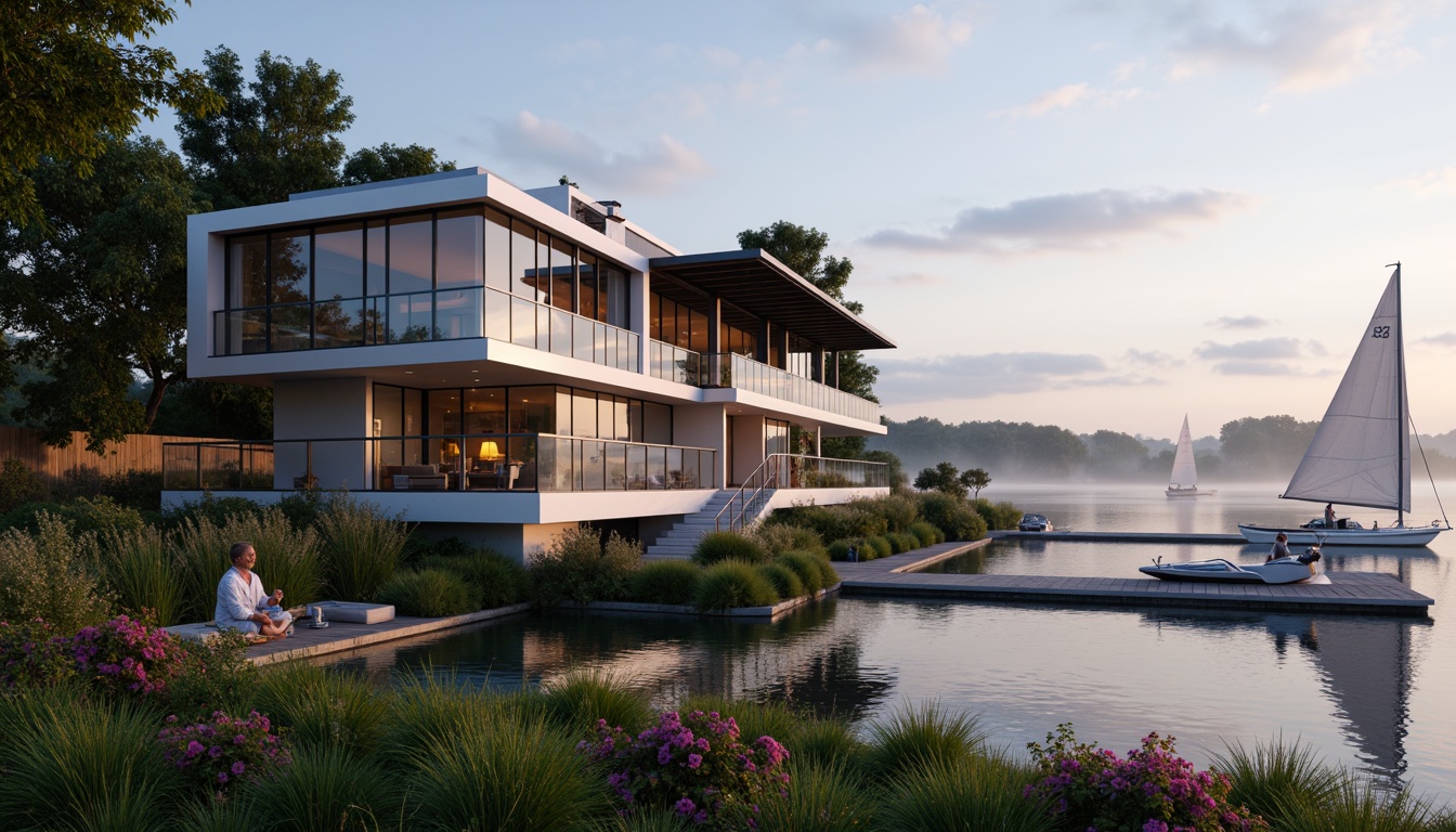 Prompt: Luxurious boathouse, sleek modern design, metallic accents, floor-to-ceiling windows, sliding glass doors, waterfront location, serene lake views, lush greenery, vibrant flowers, wooden docks, sailboats, yachts, futuristic lighting systems, ambient LED illumination, shallow water reflections, misty morning atmosphere, soft warm glow, 1/1 composition, realistic textures, detailed normal maps.