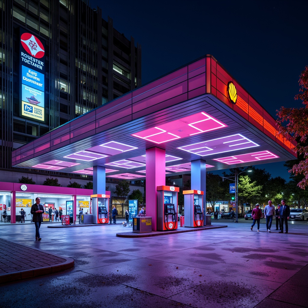 Prompt: Vibrant gas station, bold color scheme, neon lights, futuristic architecture, sleek metal canopies, angular lines, modern fuel pumps, LED signage, dynamic branding, high-contrast colors, energetic atmosphere, urban cityscape, busy streets, fast-paced environment, shallow depth of field, 1/1 composition, realistic textures, ambient occlusion.