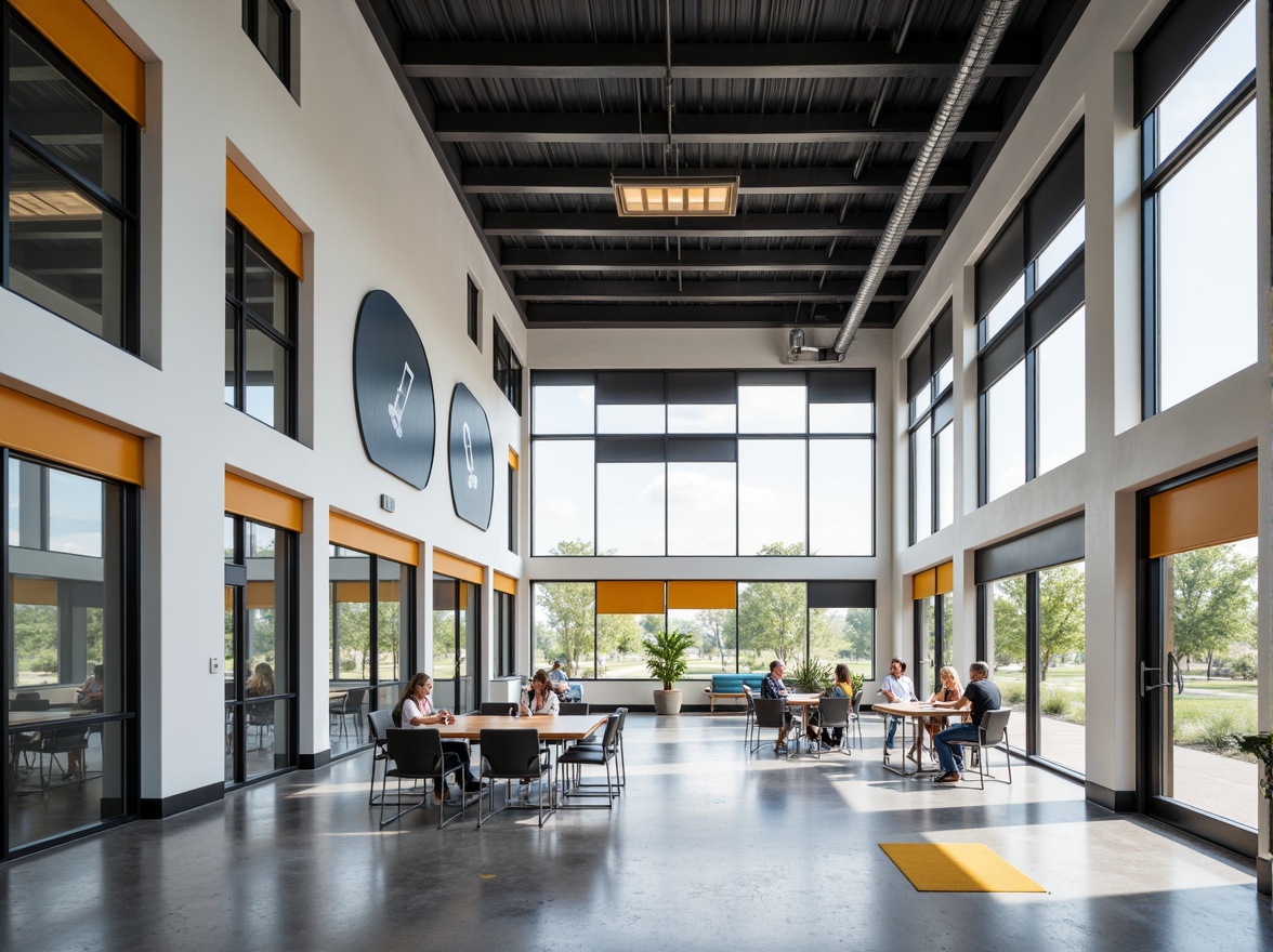 Prompt: Minimalist school building, large windows, metal frames, industrial-style lighting, functional window treatments, roller shades, geometric patterns, bold color accents, rectangular shapes, clean lines, modernist architecture, open floor plans, collaborative learning spaces, natural light, airy atmosphere, 1/1 composition, high-contrast lighting, realistic textures, ambient occlusion.