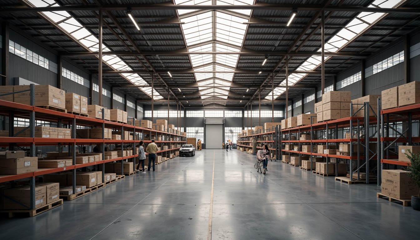 Prompt: Industrial distribution center, high ceilings, exposed ductwork, polished concrete floors, metal shelving units, natural light pouring in through skylights, clerestory windows, translucent panels, soft warm illumination, minimal artificial lighting, open floor plan, functional layout, modern industrial design, steel beams, wooden crates, cardboard boxes, busy warehouse atmosphere, shallow depth of field, 1/1 composition, realistic textures, ambient occlusion.