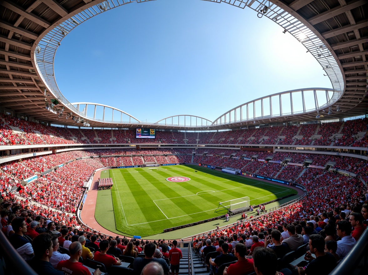 Prompt: Vibrant sports stadium, energetic crowd, bold team colors, dynamic LED lighting, sleek modern architecture, angular lines, metallic materials, concrete structures, lush green grass, athletic tracks, scoreboards, giant video screens, sunny day, warm atmosphere, shallow depth of field, 3/4 composition, panoramic view, realistic textures, ambient occlusion.