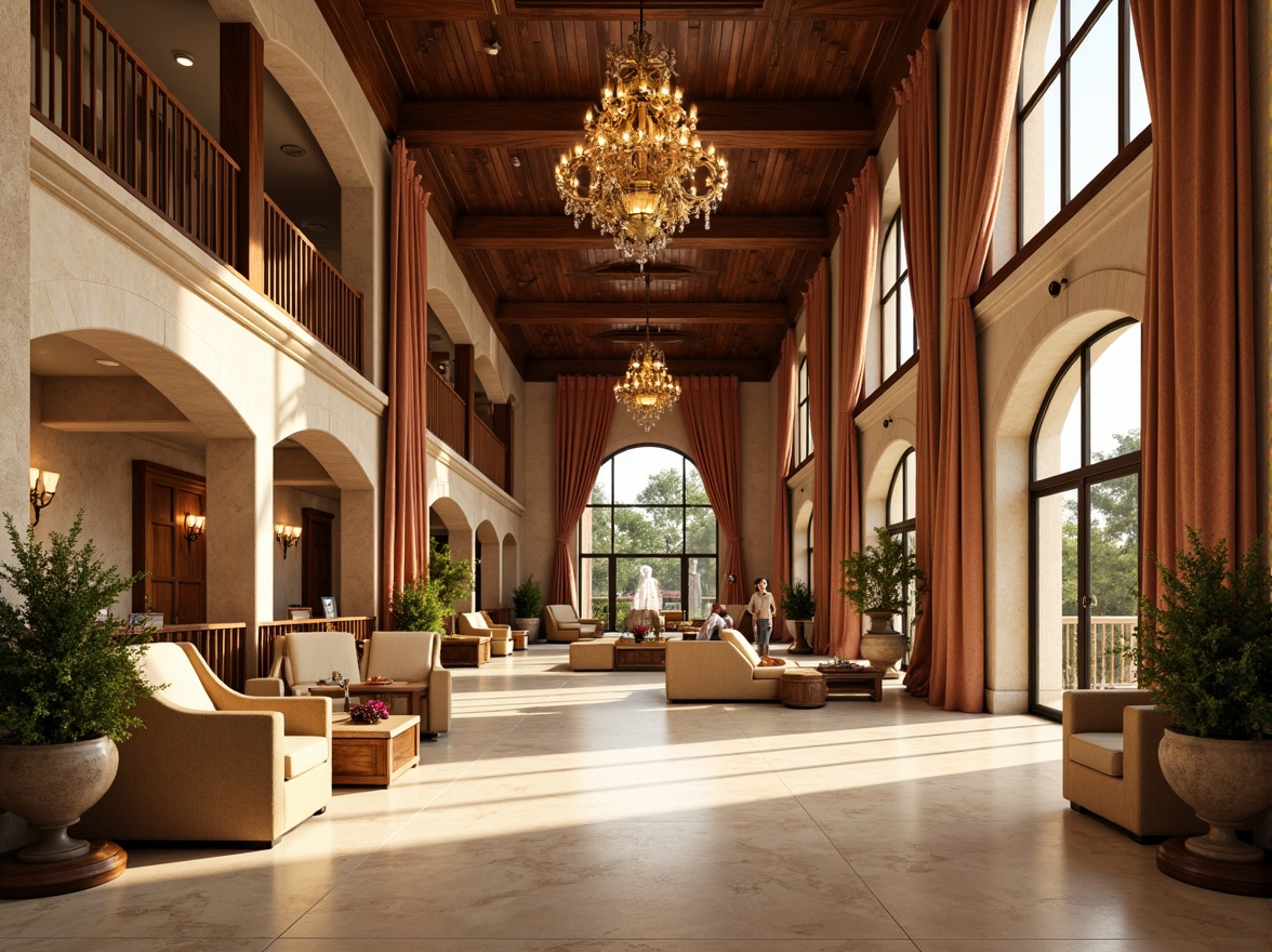 Prompt: Luxurious Renaissance hotel lobby, rich wood accents, ornate furnishings, velvet drapes, golden chandeliers, warm beige walls, soft cream marble floors, elegant archways, grand staircases, lavish flower arrangements, subtle scent of lavender, afternoon sunlight, warm golden lighting, shallow depth of field, 1/1 composition, realistic textures, ambient occlusion.