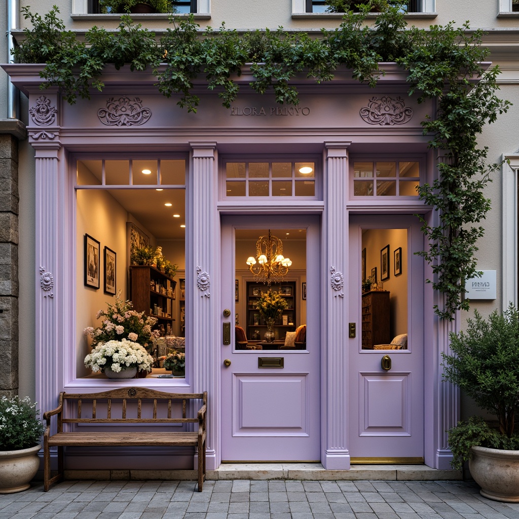 Prompt: Whimsical lilac-hued boutique, ornate Victorian architecture, delicate filigree details, soft pastel colors, romantic florals, lush greenery, vintage garden benches, distressed wooden accents, antique bronze fixtures, warm golden lighting, shallow depth of field, 1/1 composition, intimate close-up shots, realistic textures, ambient occlusion.