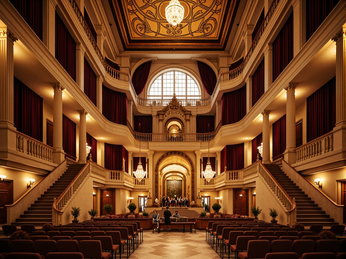 Prompt: Grand concert hall, neoclassical facade design, ornate columns, intricate carvings, symmetrical architecture, grand entrance, sweeping staircases, opulent chandeliers, rich velvet drapes, gilded details, marble floors, high ceilings, dramatic lighting, warm golden tones, classical proportions, balanced composition, 1/2 perspective, shallow depth of field, realistic textures, ambient occlusion.