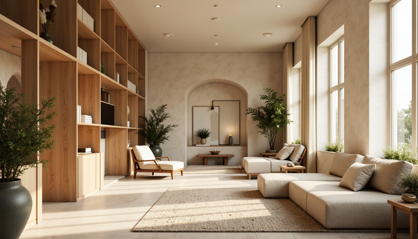 Prompt: Muted earthy tones, soft pastel hues, calming beige walls, natural wood accents, plush greenery, creamy whites, warm golden lighting, cozy reading nooks, comfortable seating areas, minimalist decor, subtle texture contrasts, organic shapes, serene atmosphere, shallow depth of field, 1/1 composition, realistic renderings, ambient occlusion.