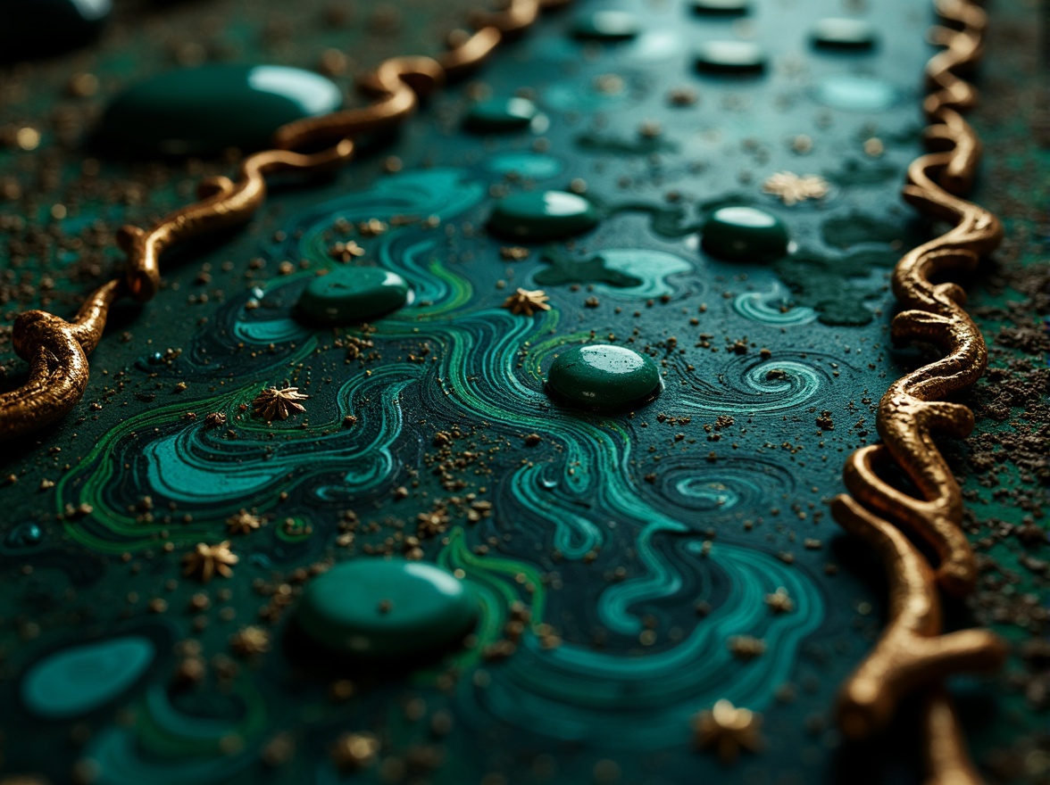 Prompt: Rich malachite gemstone, swirling patterns, deep blues, emerald greens, copper accents, earthy undertones, luxurious velvet textures, ornate gold details, mystical ambiance, dim warm lighting, shallow depth of field, 1/2 composition, realistic reflections, ambient occlusion.