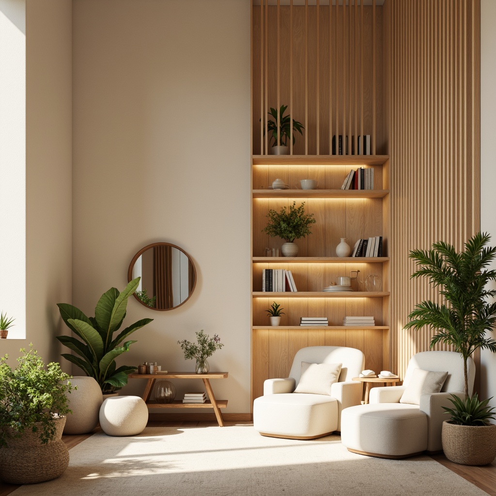 Prompt: Muted earthy tones, soft pastel hues, calming beige walls, natural wood accents, plush greenery, creamy whites, warm golden lighting, cozy reading nooks, comfortable seating areas, minimalist decor, subtle texture contrasts, organic shapes, serene atmosphere, shallow depth of field, 1/1 composition, realistic renderings, ambient occlusion.