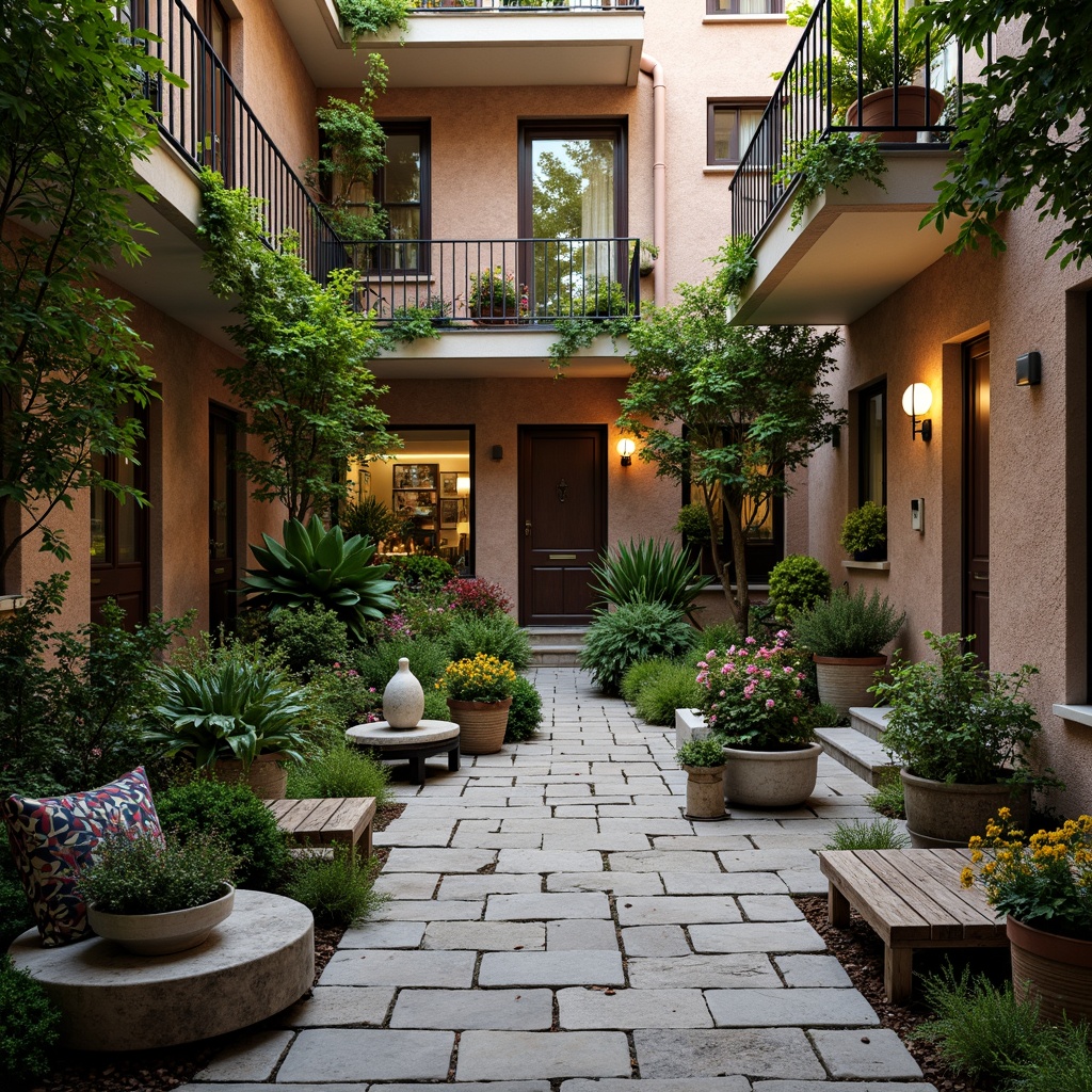 Prompt: Whimsical apartment courtyard, lush greenery, blooming flowers, meandering stone pathways, ornate iron railings, soft warm lighting, cozy seating areas, vintage garden benches, distressed wooden planters, overflowing flowerpots, delicate water features, small-scale sculptures, intimate ambiance, warm color palette, rustic stone walls, climbing vines, fragrant herbs, serene atmosphere, shallow depth of field, 1/1 composition, romantic warm tones, realistic textures, ambient occlusion.