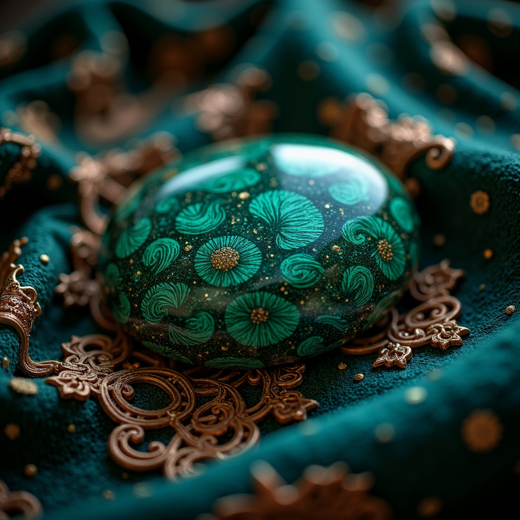 Prompt: Rich malachite gemstone, swirling patterns, deep blues, emerald greens, copper accents, earthy undertones, luxurious velvet textures, ornate gold details, mystical ambiance, dim warm lighting, shallow depth of field, 1/2 composition, realistic reflections, ambient occlusion.