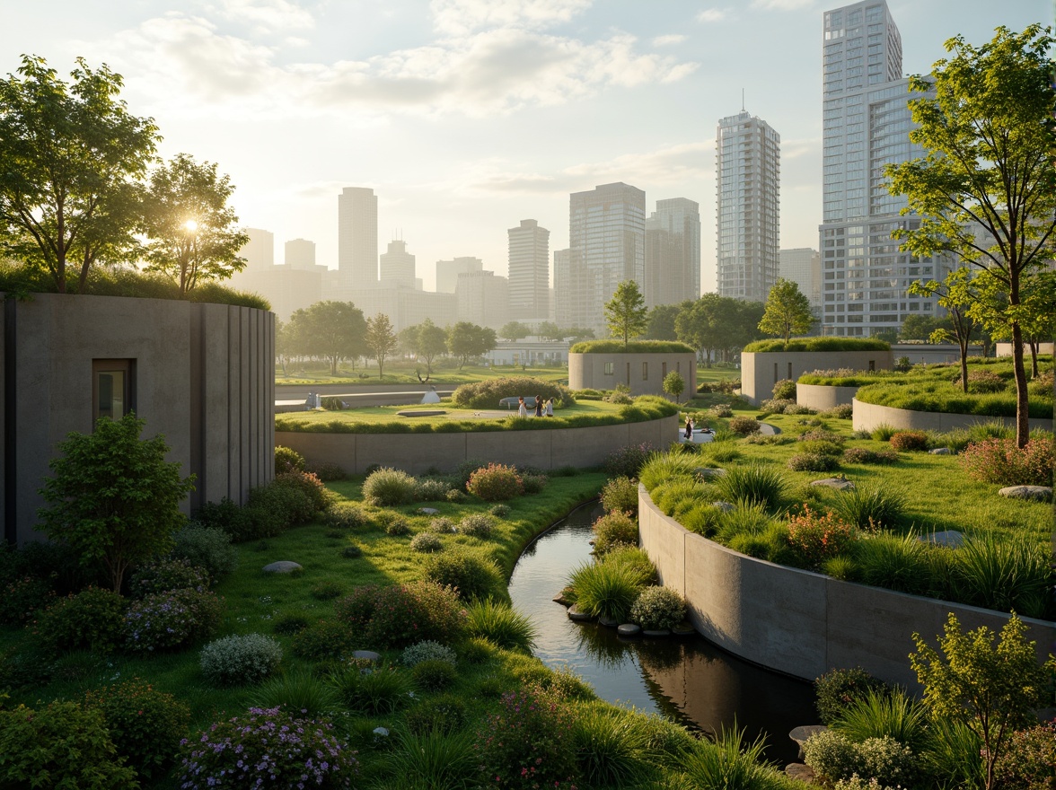 Prompt: Lush green roofs, verdant walls, cinematic cityscape, futuristic architecture, sleek curves, sustainable design, eco-friendly materials, natural ventilation systems, abundant sunlight, soft warm lighting, shallow depth of field, 3/4 composition, panoramic view, realistic textures, ambient occlusion, serene atmosphere, vibrant flowers, trees, misty morning, gentle breeze, peaceful ambiance.