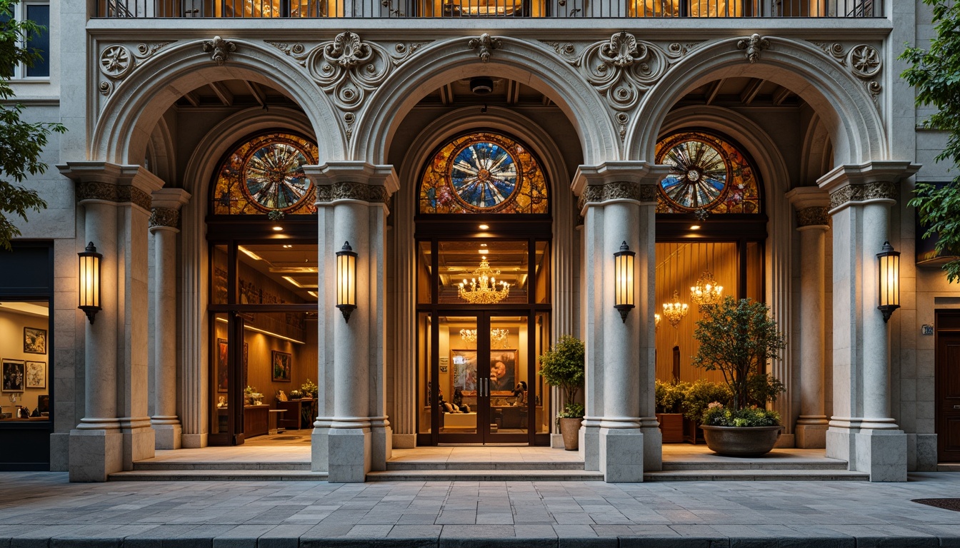 Prompt: Ornate bank facade, Romanesque arches, rusticated stone walls, grand entrance, heavy wooden doors, intricate carvings, ornamental columns, vaulted ceilings, stained glass windows, warm golden lighting, shallow depth of field, 1/2 composition, symmetrical view, realistic textures, ambient occlusion, detailed stonework, classic architectural elements, luxurious atmosphere, busy urban street scene, morning sunlight, soft shadows.