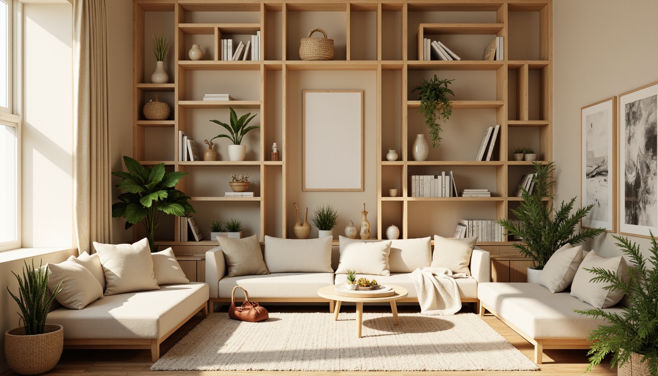 Prompt: Muted earthy tones, soft pastel hues, calming beige walls, natural wood accents, plush greenery, creamy whites, warm golden lighting, cozy reading nooks, comfortable seating areas, minimalist decor, subtle texture contrasts, organic shapes, serene atmosphere, shallow depth of field, 1/1 composition, realistic renderings, ambient occlusion.