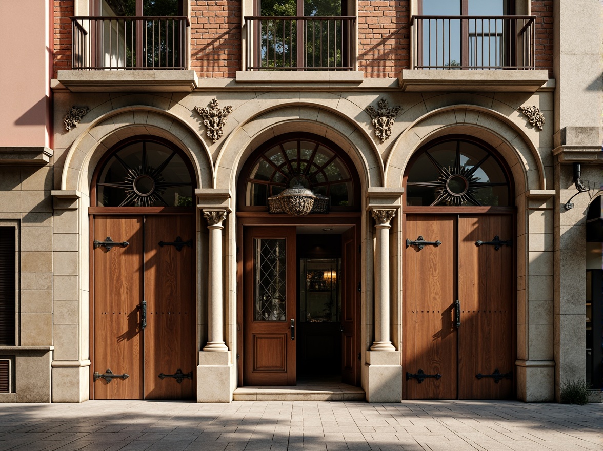 Prompt: Rustic urban buildings, Romanesque style facade, arched windows, ornate stone carvings, intricate brick patterns, grand entranceways, heavy wooden doors, iron hinges, ornamental metalwork, weathered stone walls, aged brick textures, warm earthy tones, soft afternoon lighting, shallow depth of field, 1/1 composition, realistic materials, ambient occlusion.