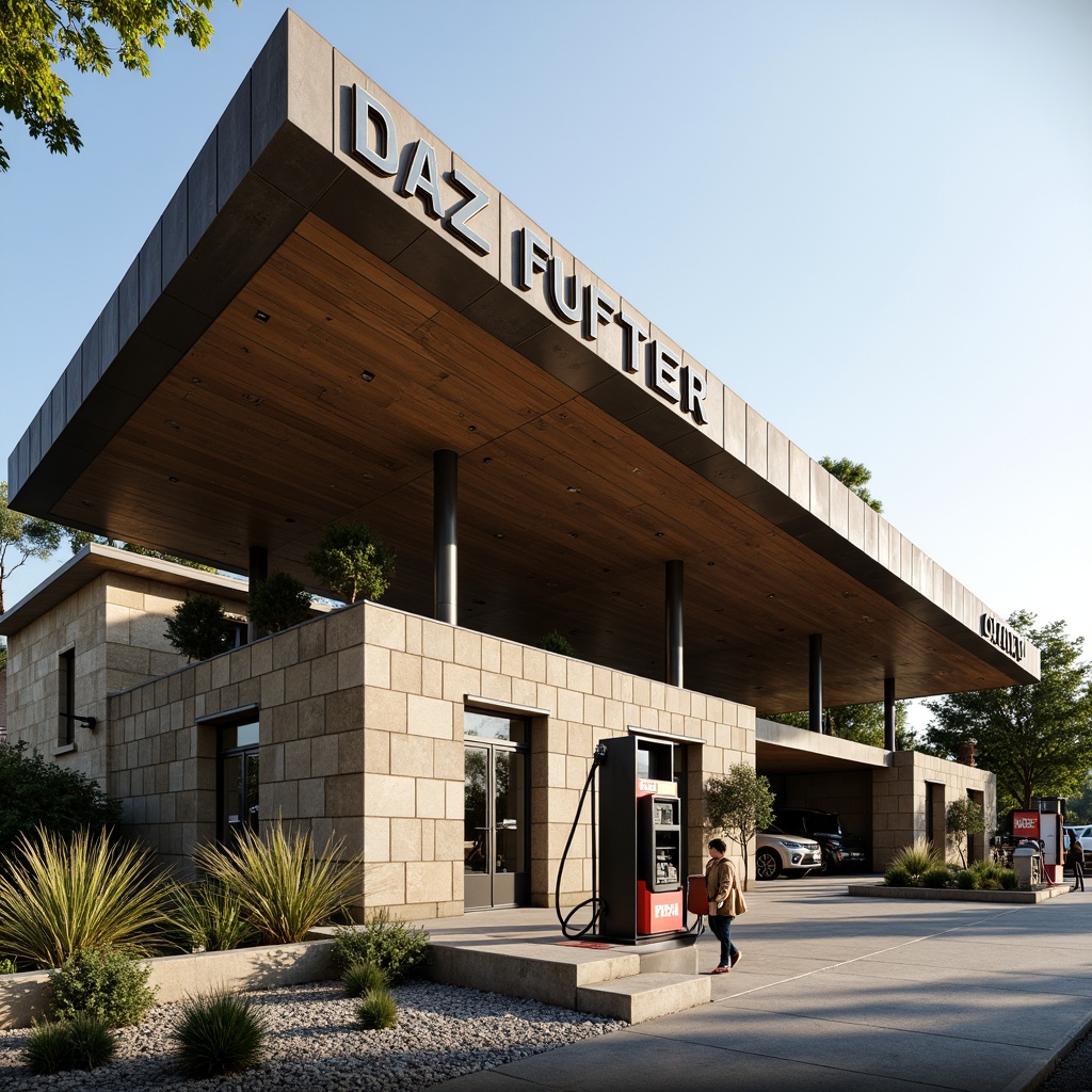 Prompt: Rustic gas station, industrial pipes, functionalist architecture, bold typography, primary color scheme, geometric shapes, minimalist design, natural stone walls, steel beams, large windows, cantilevered canopies, angular lines, modernist landscaping, native plants, gravel pathways, urban context, busy streets, morning sunlight, high contrast lighting, shallow depth of field, 2/3 composition, realistic textures, ambient occlusion.