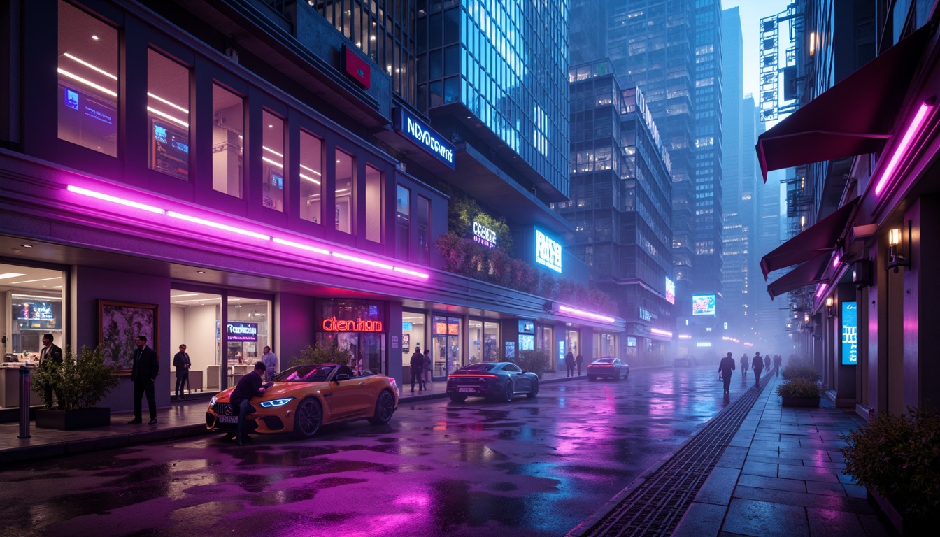 Prompt: Neon-lit cityscape, sleek metallic surfaces, iridescent hues, electric blue accents, vibrant pink neon lights, glowing purple undertones, chrome-plated details, holographic effects, futuristic skyscrapers, cyberpunk atmosphere, dark alleys, misty fog, atmospheric lighting, high-contrast shadows, cinematic composition, 1/1 aspect ratio, shallow depth of field, realistic reflections.