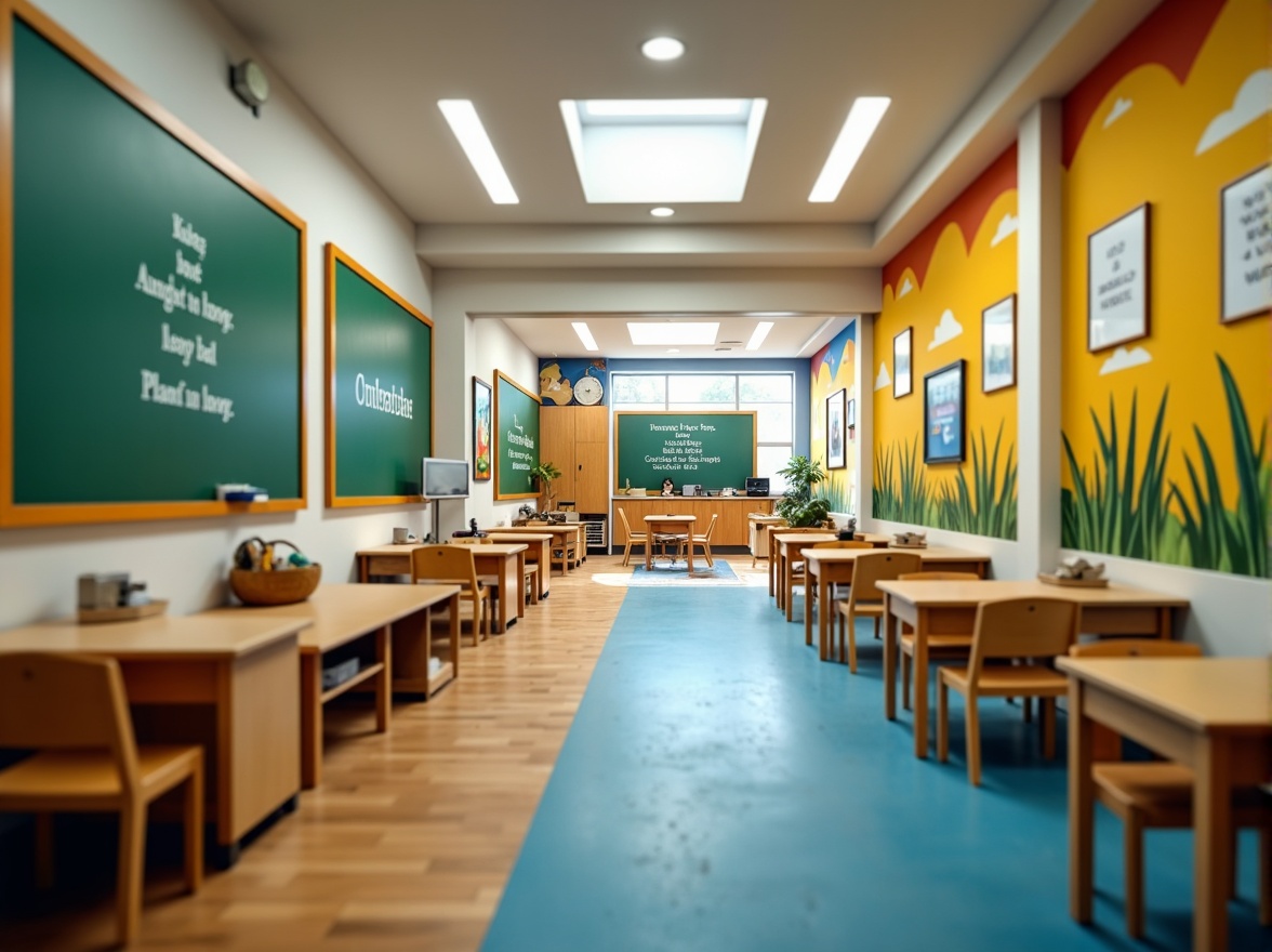 Prompt: Vibrant elementary school, playful kindergarten, bright corridors, educational murals, colorful lockers, wooden desks, green chalkboards, inspirational quotes, motivational posters, soft carpeted floors, natural wood accents, earthy tone walls, calming blue ceilings, warm yellow lighting, shallow depth of field, 1/1 composition, realistic textures, ambient occlusion.