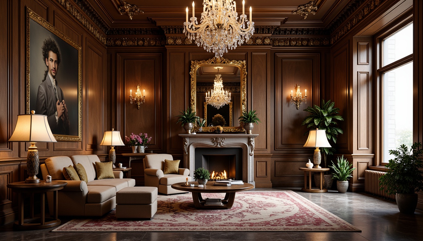 Prompt: Luxurious living room, ornate furnishings, intricately carved wooden panels, gilded accents, velvet upholstery, crystal chandeliers, marble flooring, ornamental mirrors, lavish textiles, rich jewel-toned colors, soft warm lighting, shallow depth of field, 1/1 composition, realistic reflections, ambient occlusion.