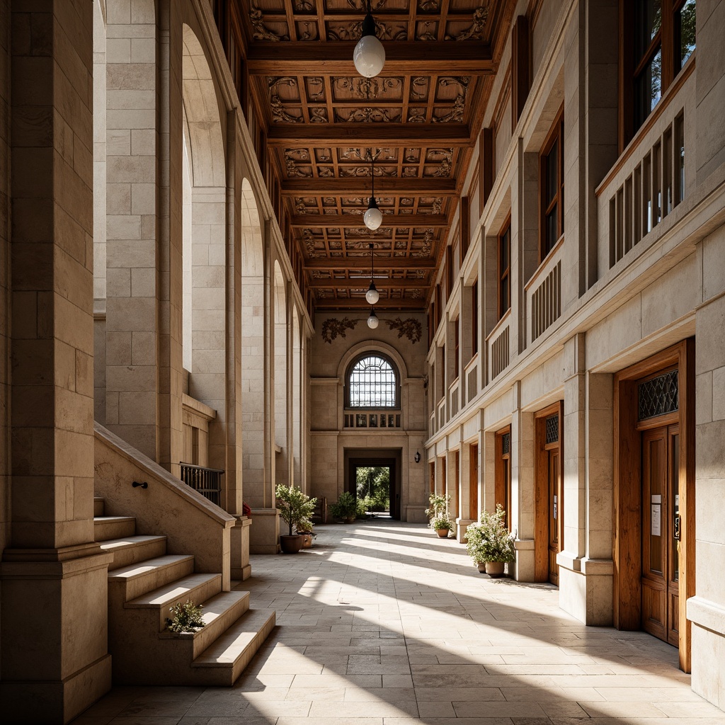 Prompt: Elegant university building, classical columns, ornate facades, rich wood tones, polished marble floors, grand staircases, intricate moldings, neutral color palette, natural stone walls, bronze door handles, stained glass windows, vaulted ceilings, symmetrical composition, soft warm lighting, shallow depth of field, 1/1 aspect ratio, realistic textures, ambient occlusion.