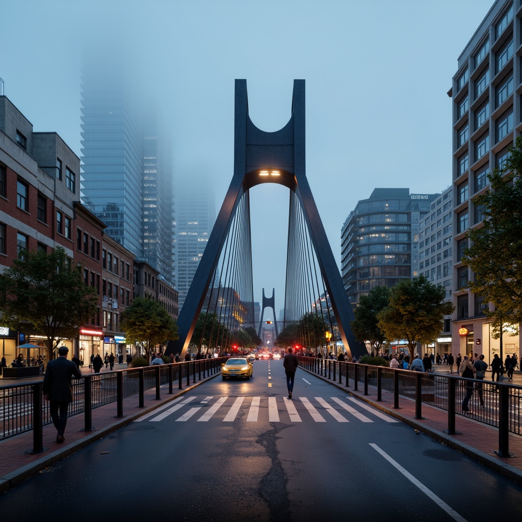 Prompt: Sleek pedestrian bridge, modernist architecture, minimalist design, clean lines, geometric shapes, steel beams, cable-stayed structure, suspension system, cantilevered sections, asymmetrical composition, urban landscape, city skyline, busy streets, vibrant streetlights, misty evening atmosphere, soft warm lighting, shallow depth of field, 1/2 composition, low-angle shot, realistic textures, ambient occlusion.