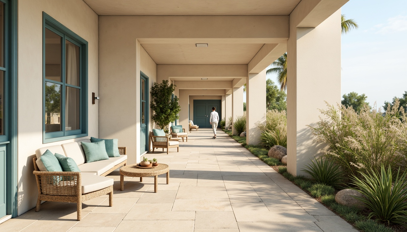 Prompt: Calming coastal student halls, soft sandy beige walls, crisp white trim, soothing ocean blue accents, natural wood furniture, woven sea grass textures, driftwood-inspired decor, nautical rope details, refreshing mint greenery, sunny day, warm golden lighting, shallow depth of field, 1/1 composition, realistic renderings, ambient occlusion.