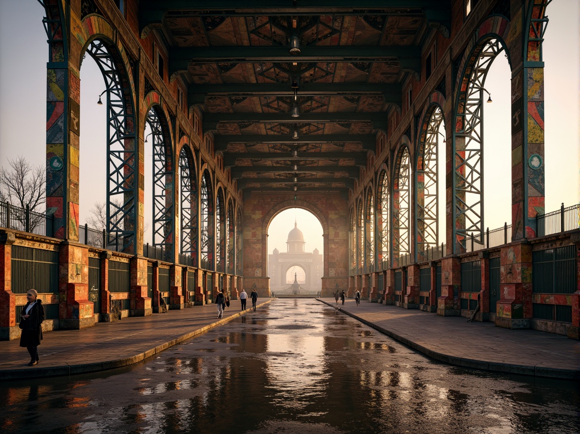 Prompt: Eclectic bridge, ornate metal railings, intricate stone carvings, vibrant colorful accents, asymmetrical arches, irregular shapes, mixed materials, industrial steel beams, rustic wooden planks, decorative trusses, grand entrance gates, majestic piers, flowing water reflections, misty atmospheric effects, warm golden lighting, shallow depth of field, 1/2 composition, dramatic low-angle shot, realistic textures, ambient occlusion.