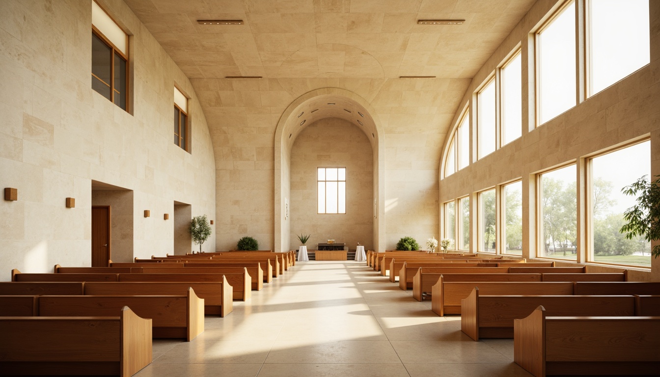 Prompt: Sleek modern church, curved lines, minimalist architecture, cream-colored stone walls, large stained glass windows, subtle natural light, warm beige interior, polished wooden pews, simple altar design, soft golden lighting, shallow depth of field, 1/1 composition, realistic textures, ambient occlusion, calming atmosphere, serene ambiance, gentle color palette, soothing earth tones, muted pastel hues.