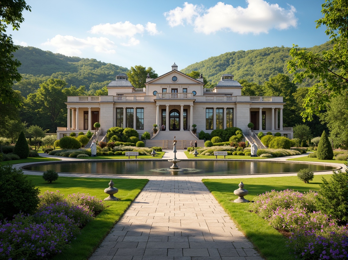 Prompt: Grand neoclassical mansion, symmetrical facade, ornate columns, carved stone details, lush greenery, rolling hills, serene lake, walking paths, benches, classical statues, vibrant flowers, blooming trees, sunny day, soft warm lighting, shallow depth of field, 3/4 composition, panoramic view, realistic textures, ambient occlusion, harmonious integration with nature, elegant landscaping, manicured lawns, decorative fountains, ornate iron gates.