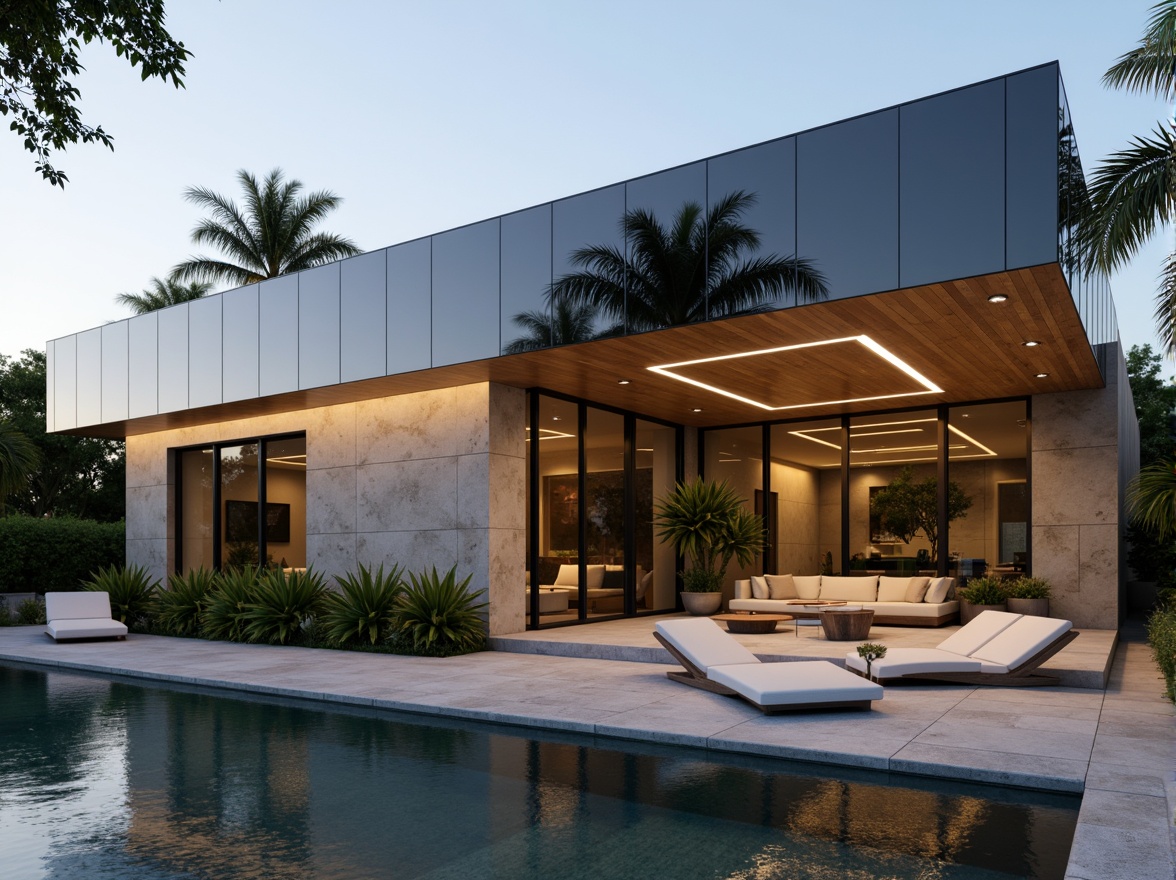 Prompt: Luxurious modern villa, sleek Lavacrete facade, high-gloss finish, subtle texture, earthy tone, natural stone accents, minimalist landscaping, sparse greenery, warm ambient lighting, shallow depth of field, 1/1 composition, realistic reflections, soft focus blur.