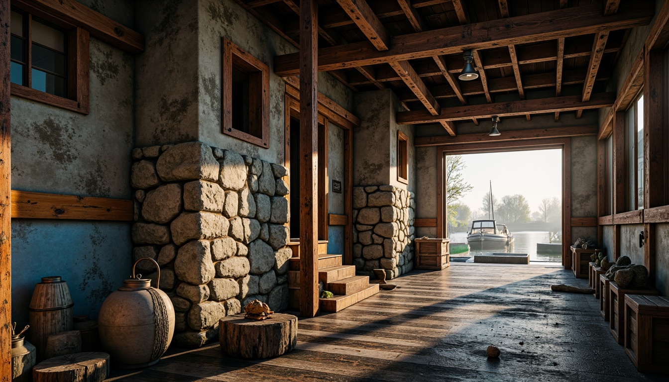 Prompt: Rustic boathouse, brutalist architecture, weathered wood accents, industrial metal beams, rough-hewn stone walls, nautical ropes, distressed wooden planks, faded naval blue, earthy brown, mossy green, rusty orange, warm golden lighting, misty morning atmosphere, shallow depth of field, 1/1 composition, realistic textures, ambient occlusion.