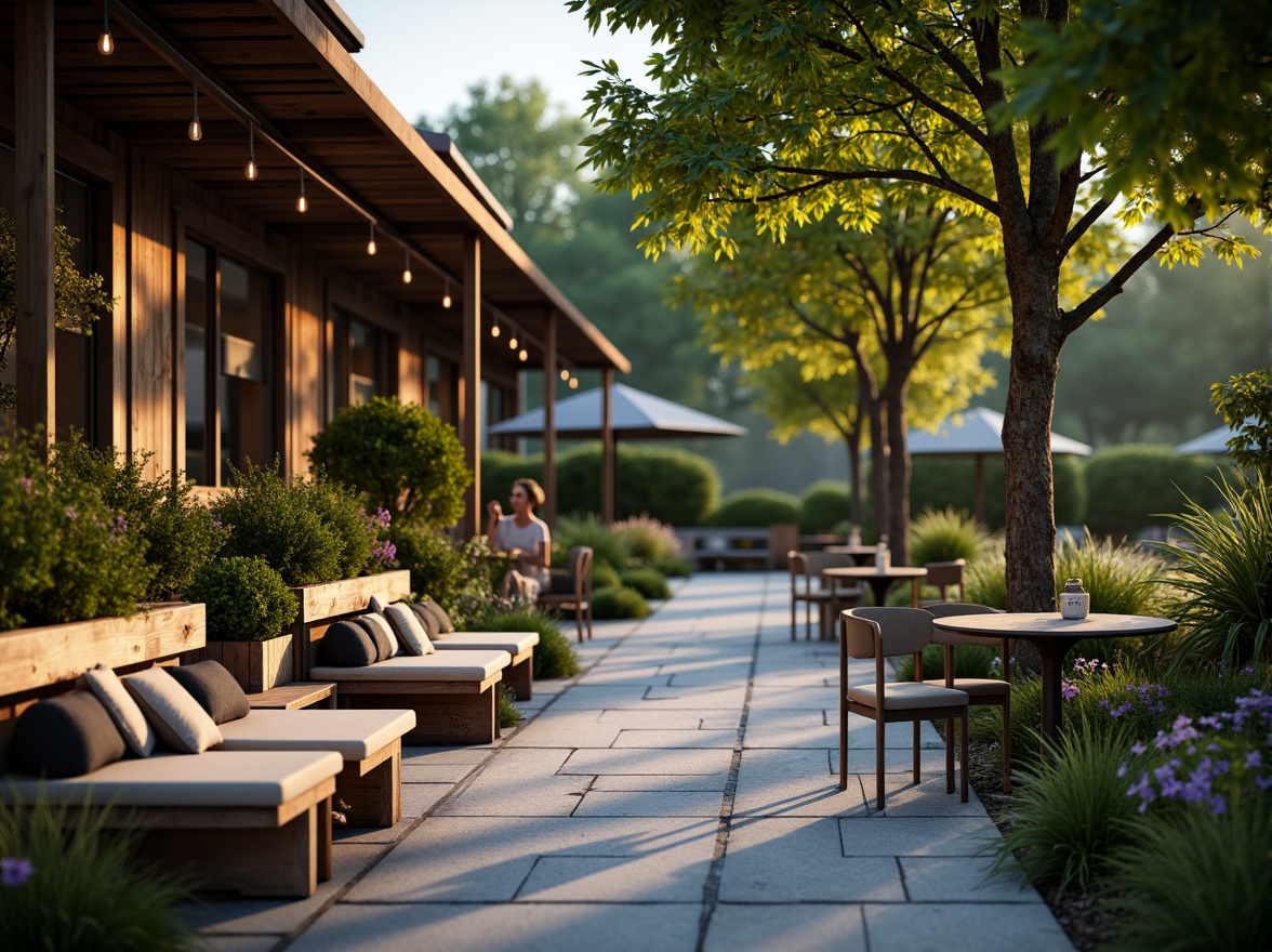 Prompt: Cozy coffee shop patio, rustic wooden benches, plush cushions, natural stone flooring, lush greenery, vibrant flowers, modern metal tables, minimalist chairs, warm string lighting, soft ambient glow, shallow depth of field, 3/4 composition, panoramic view, realistic textures, ambient occlusion.