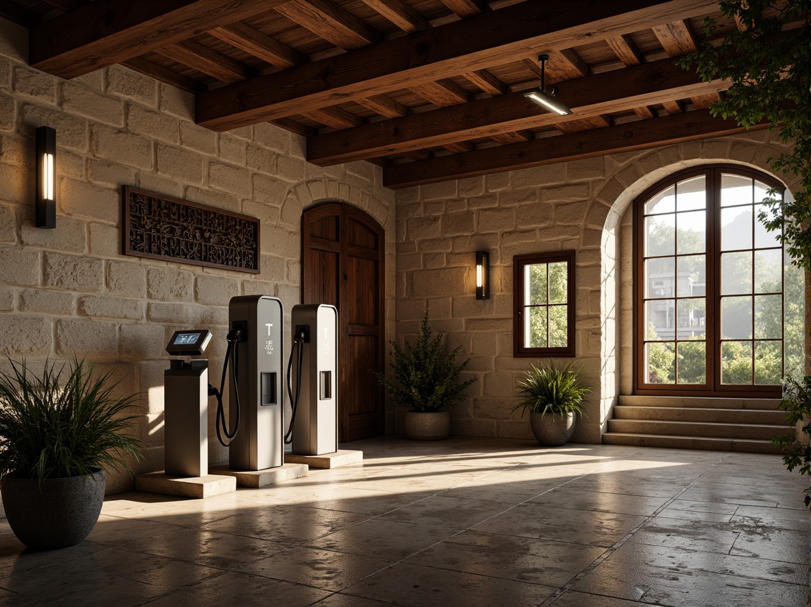 Prompt: Rustic charging station, stone walls, arched windows, heavy wooden doors, ornate metalwork, intricate carvings, earthy tones, natural stone flooring, exposed brick ceilings, industrial-style lighting fixtures, modern electric vehicle chargers, sleek metallic surfaces, futuristic digital displays, ambient warm lighting, shallow depth of field, 1/1 composition, realistic textures, atmospheric fog effects.