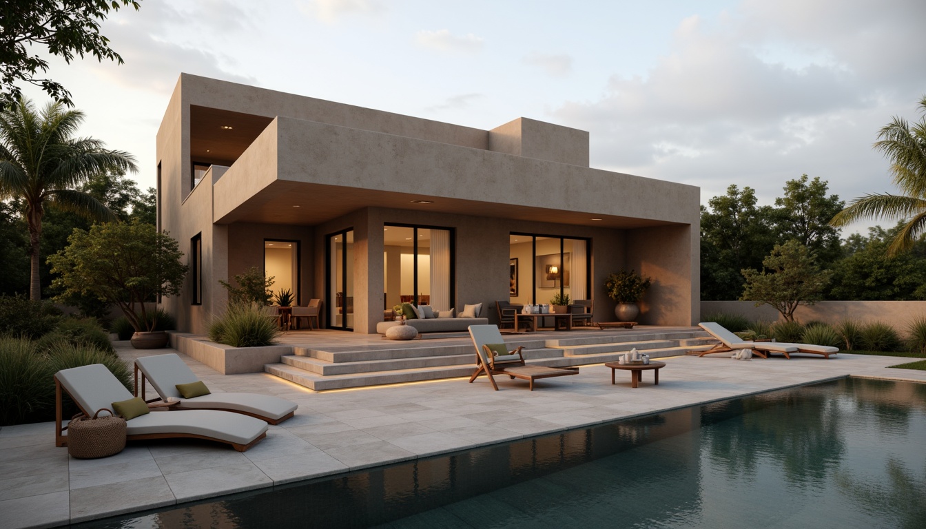 Prompt: Luxurious modern villa, sleek Lavacrete facade, high-gloss finish, subtle texture, earthy tone, natural stone accents, minimalist landscaping, sparse greenery, warm ambient lighting, shallow depth of field, 1/1 composition, realistic reflections, soft focus blur.