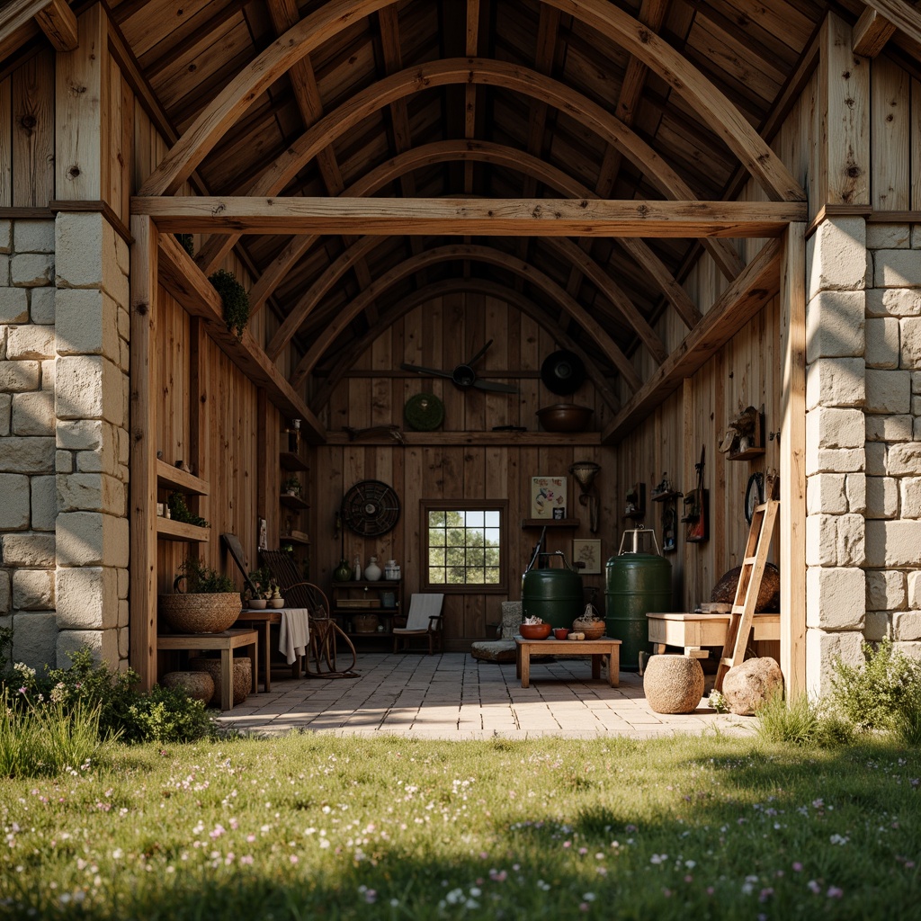 Prompt: Rustic barn, wooden beams, vintage farm tools, hayloft, natural stone walls, earthy color palette, curved rooflines, asymmetrical architecture, distressed wood textures, wildflower meadow, sunny afternoon, soft warm lighting, shallow depth of field, 1/1 composition, intimate close-up shots, realistic weathering effects, ambient occlusion.