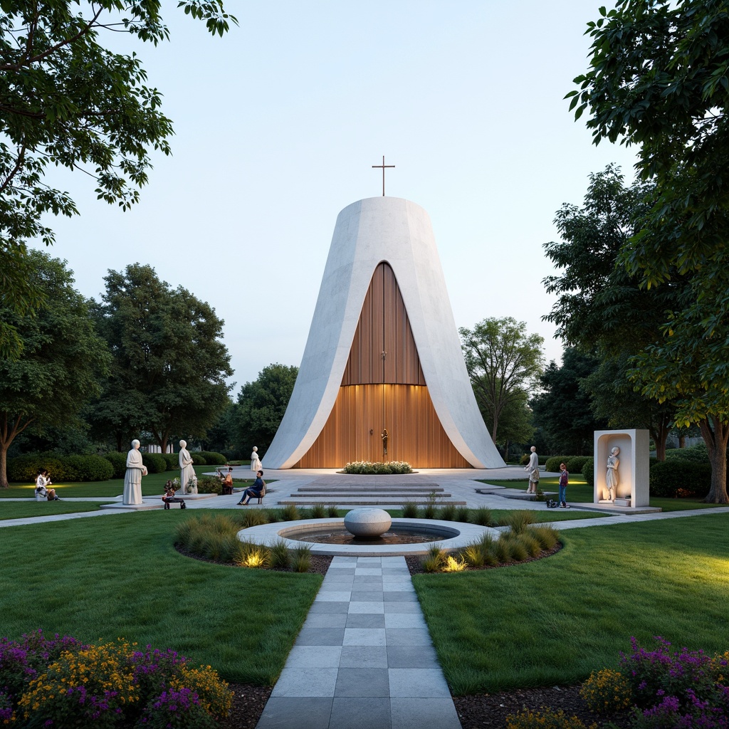 Prompt: Streamlined church exterior, minimalist landscaping, lush green lawns, modern sculptures, abstract fountains, geometric pathways, natural stone accents, sleek metal benches, vibrant flower beds, ornamental grasses, subtle outdoor lighting, warm ambient glow, shallow depth of field, 3/4 composition, panoramic view, realistic textures, ambient occlusion.