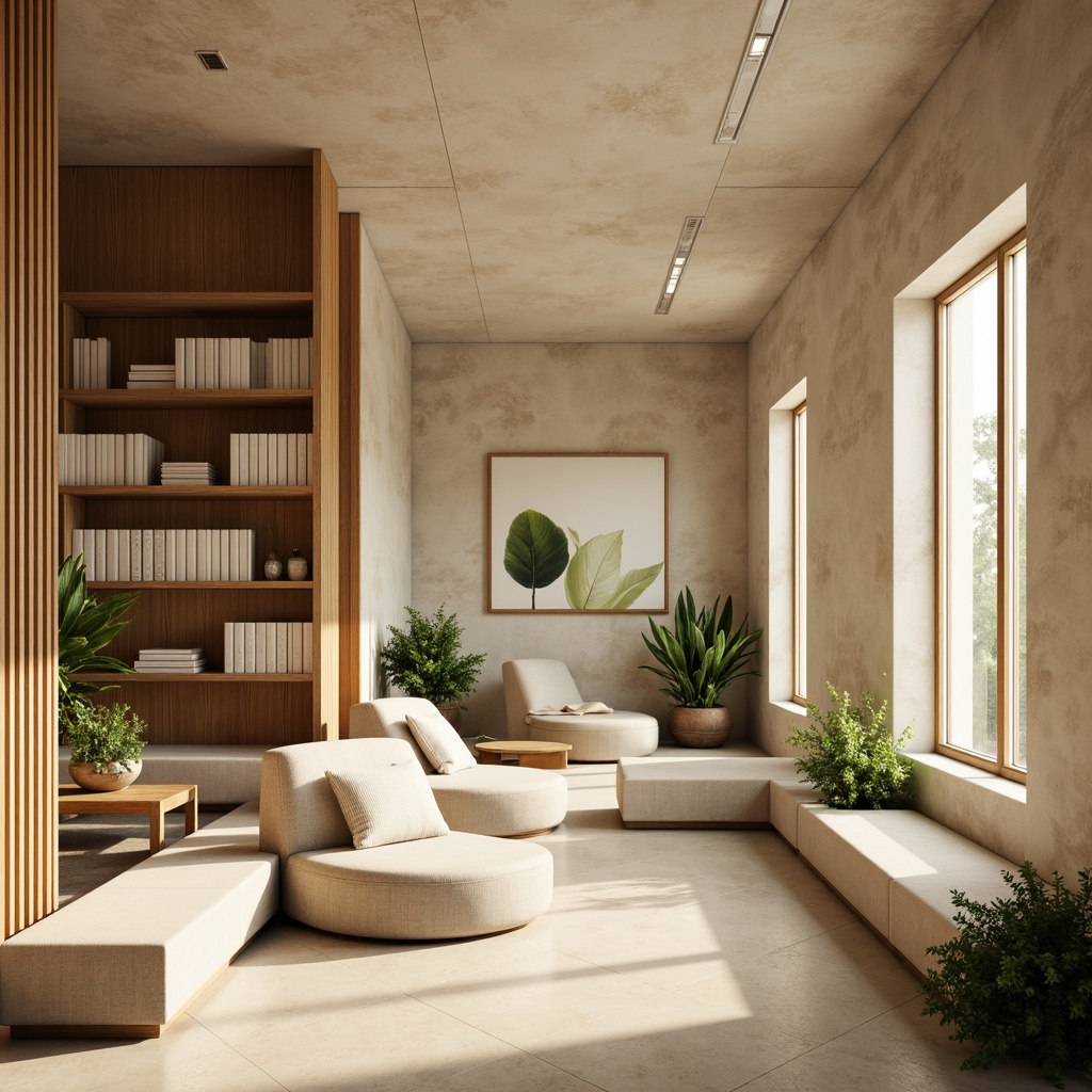 Prompt: Muted earthy tones, soft pastel hues, calming beige walls, natural wood accents, plush greenery, creamy whites, warm golden lighting, cozy reading nooks, comfortable seating areas, minimalist decor, subtle texture contrasts, organic shapes, serene atmosphere, shallow depth of field, 1/1 composition, realistic renderings, ambient occlusion.