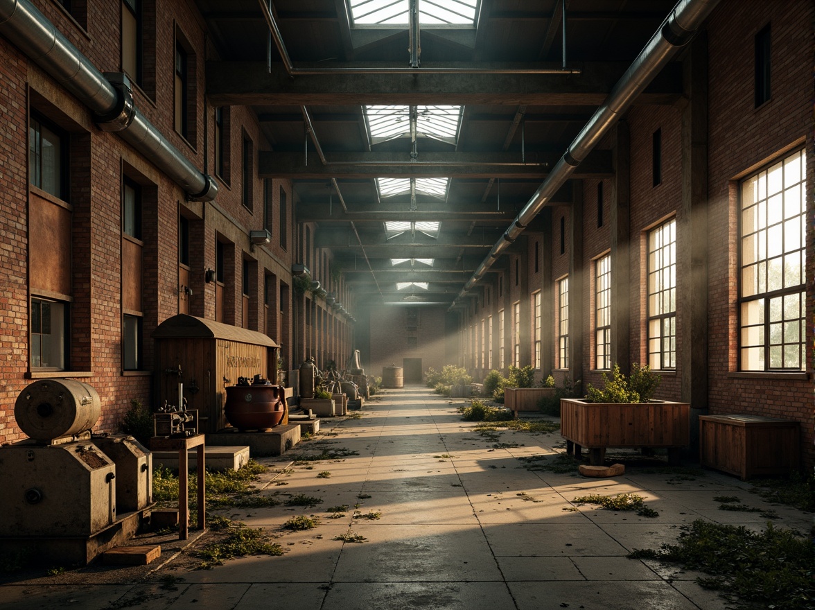 Prompt: Rustic industrial landscape, abandoned factories, distressed brick walls, worn metal pipes, vintage machinery, exposed ductwork, concrete floors, steel beams, reclaimed wood accents, moody atmospheric lighting, warm golden hour, soft misty fog, muted earth tones, weathered copper hues, deep blues, rich greens, bold yellows, gritty textures, realistic wear and tear, cinematic composition, shallow depth of field, 2/3 aspect ratio.