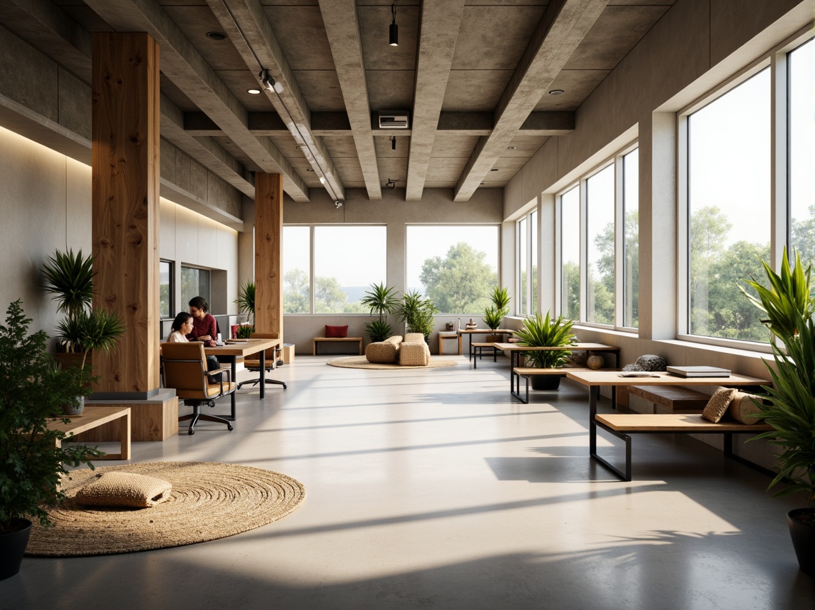 Prompt: Bright office interior, large windows, natural light pouring in, minimal artificial lighting, comfortable workspace, ergonomic furniture, wooden desks, green plants, calm atmosphere, soft warm glow, shallow depth of field, 1/1 composition, realistic textures, ambient occlusion, modern minimalist design, sleek metal accents, earthy color palette, subtle patterns, organic shapes.