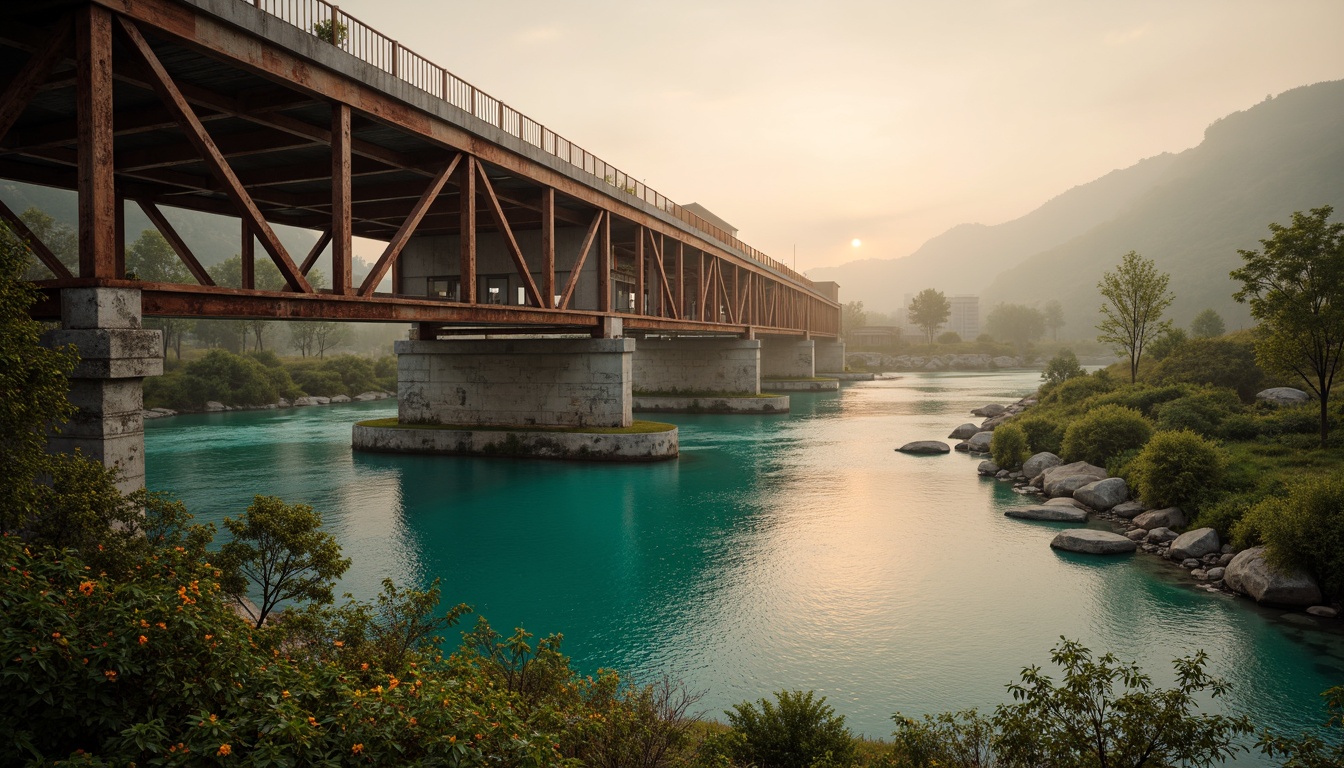 Prompt: Rustic steel bridge, industrial architecture, worn wooden planks, weathered metal beams, vibrant turquoise water, misty foggy atmosphere, warm golden lighting, soft gradient sunset, 1/2 composition, shallow depth of field, realistic textures, ambient occlusion, natural stone piers, lush greenery, blooming flowers, serene riverbank, gentle water flow, peaceful ambiance.