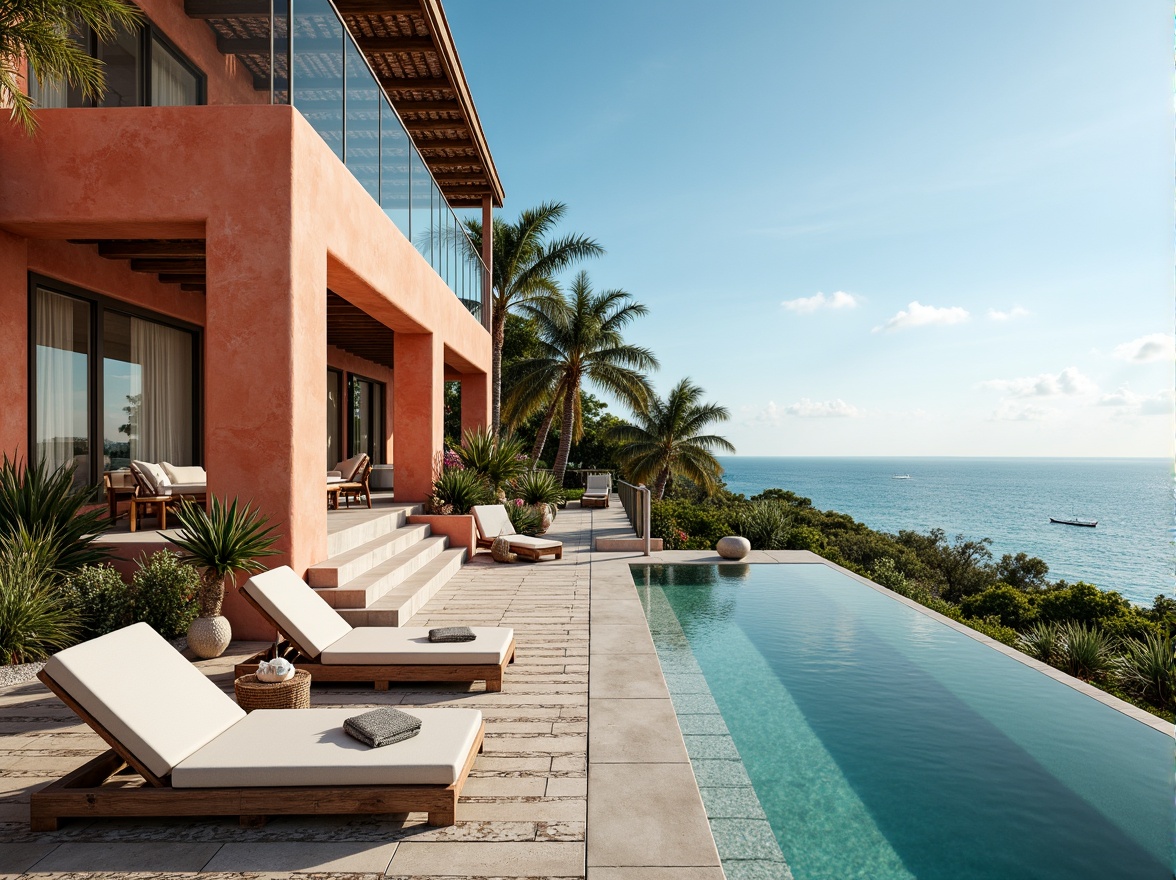 Prompt: Seaside villa, oceanfront views, driftwood accents, nautical ropes, sailboat-inspired design, coral-colored stucco, wave-patterned tiles, salty air, sea spray mist, beachy vibe, natural textures, weathered wood, glass railings, cantilevered decks, infinity pool, turquoise water, sunny day, soft warm lighting, shallow depth of field, 3/4 composition, panoramic view, realistic ocean sounds, ambient occlusion.